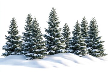 Naklejka premium Fir trees with snow on beautiful natural snowdrift with white background