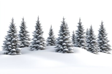 Fototapeta premium Fir trees with snow on beautiful natural snowdrift with white background