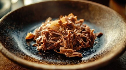 Close up detail of pulled pork served on a brown porcelain plate