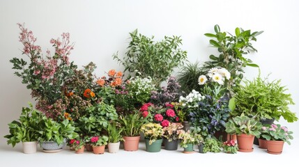 A variety of plants and flowers arranged against a white backdrop