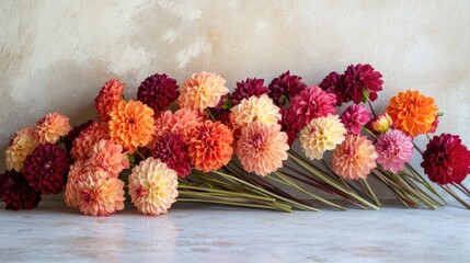 Bouquet of autumn dahlia flowers on a white table with a wall backdrop suitable for a banner design