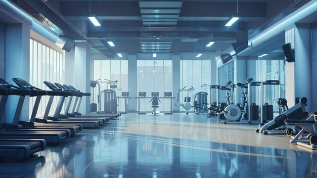 A gym with many treadmills and a large mirror. The room is bright and clean, giving off a feeling of freshness and energy