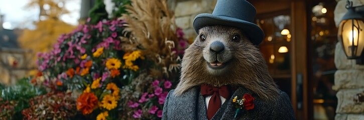 A friendly, dapper groundhog with a top hat and bow tie smiles at the camera while standing near flowers.