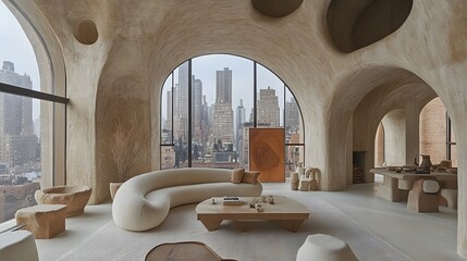 Minimalist space with curved sofa, contemporary art, neutral living room design