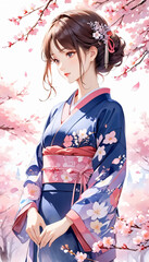 Fototapeta premium 桜と着物を着た若い日本人女性