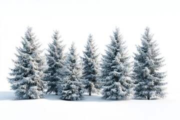 Fototapeta premium Group of frosty spruce trees in snow isolated on white