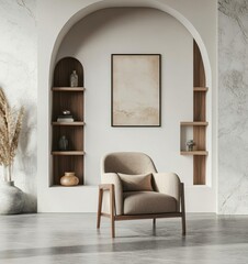 A chair is sitting in front of a white wall. The chair is brown and has a pillow on it. There is a vase on the floor in front of the chair