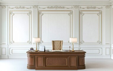 Elegant office with a wooden desk and plush chair in a minimalistic space featuring ornate walls and soft lighting