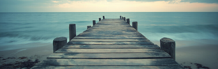 A rustic wooden pier stretches into the tranquil sea, meeting the sky.