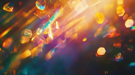 Blurred golden retro lens flare bokeh on a dark backdrop Crystal light leaks create a defocused abstract multicolored overlay featuring glow and vintage prism warm hues