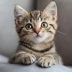 A cute tabby kitten with big eyes lies on a cushion, appearing curious and delicate.
