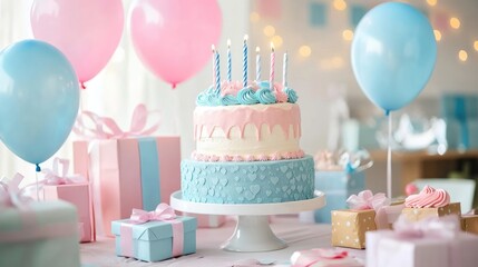 Charming birthday table decorated with gifts balloons and a beautifully adorned cake in a delightful pink and blue theme