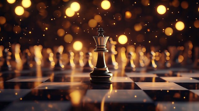 The chess king stands majestically amidst glowing embers, symbolizing strategy and victory