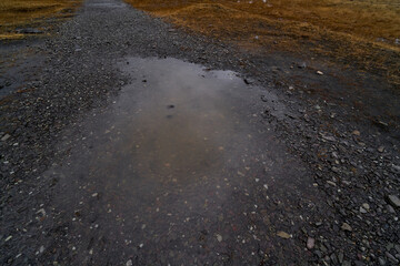 Water reflecting on a rocky path in the countryside
