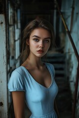 Fototapeta premium A graceful woman in a flowy blue dress poses in a quiet, well-lit indoor space with rustic charm.
