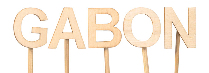 Wooden letters forming the word Gabon, ideal for decoration and crafts. Country in Central Africa.