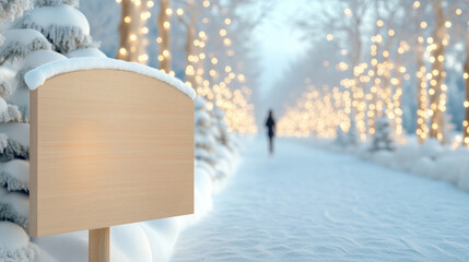 Naklejka premium Snow-covered sign in a winter wonderland with twinkling lights, AI