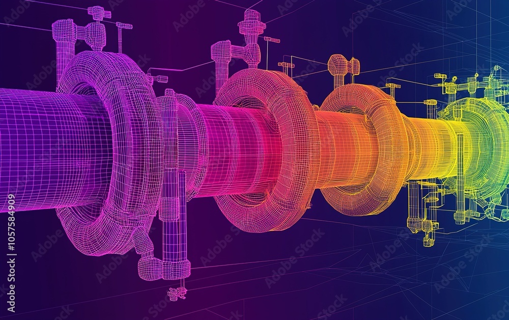 Poster colorful 3d wireframe rendering of a futuristic pipeline with intricate valve details on a dark back