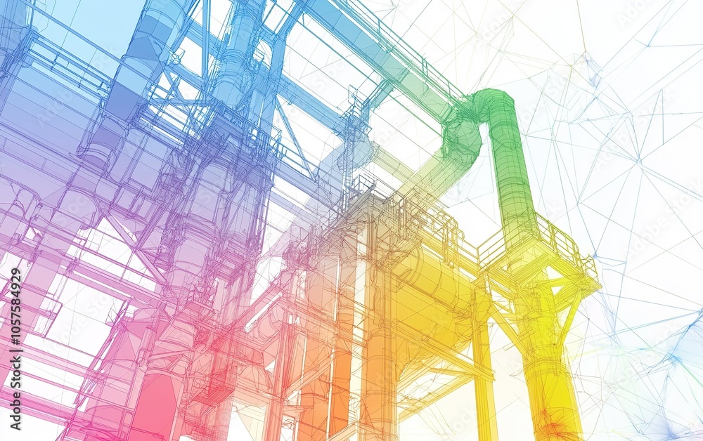 Poster abstract representation of industrial architecture featuring colorful geometric shapes and structura