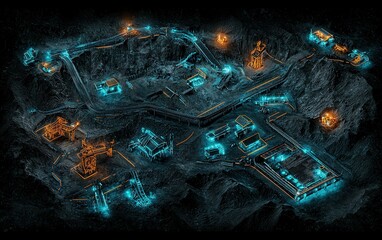 Aerial view of a neon-lit mining facility at night showcasing machinery and operational areas in a rugged landscape