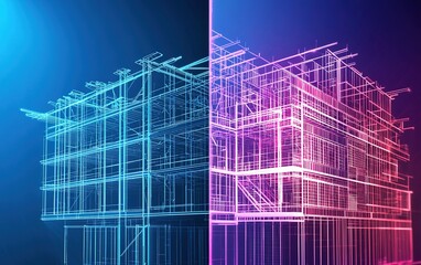 A modern building design visualization showcasing architectural plans with neon blue and pink wireframe details at dusk