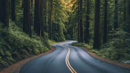 Obraz premium A serene road winding through a dense grove of towering redwoods, showcasing the natural beauty and tranquility of Redwood National Forest
