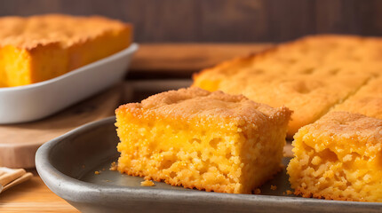 Freshly made close up of baked maple brown butter tasty cornbread of sweet food on a wooden tray background.