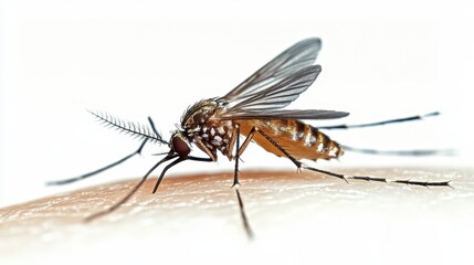 Fototapeta premium Close-up of a striped mosquito feeding on human skin, with sharp focus on its proboscis and tiny legs gripping the surface, against a clean white background