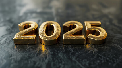 Four golden numerals, 2025, are positioned on a dark surface. The numerals have a textured, metallic finish. They are reflecting light, casting soft shadows.