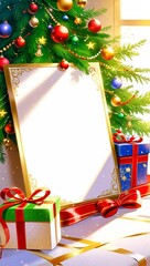 Christmas tree and gifts frame design background.