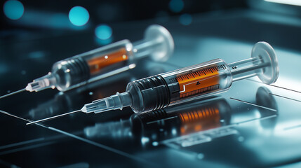 Close-Up of Medical Syringes with Vials on Sterile Surface – Ready-to-Use, Clean and Precise Injection Equipment for Clinical and Pharmaceutical Needs