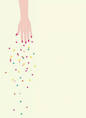Naklejka premium a vector poster with a hand releasing colorful confetti from the top of light yellow background