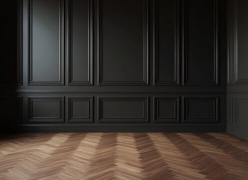 A room with a black wall and wooden floor. The floor is made of wood and has a chevron pattern