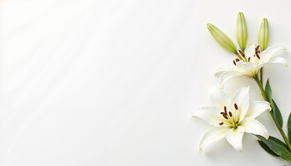 Obraz premium White lilies on a light background with copy space for text 