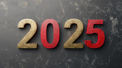 The year 2025 is displayed in large, 3D numbers on a dark grey background. The 2 and 0 are gold, while the 2 and 5 are red, creating a contrast against the backdrop.