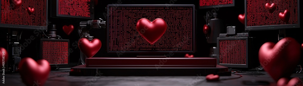 Poster digital love red hearts floating over a screen with binary code