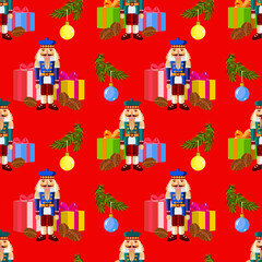 Vector - seamless pattern with Christmas motives, nutcracker, glass balls, fire and gift parcels.