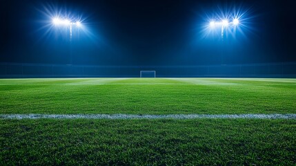 Obraz premium Football stadium with illuminated floodlights casting a bright glow over the field, ready for a night match
