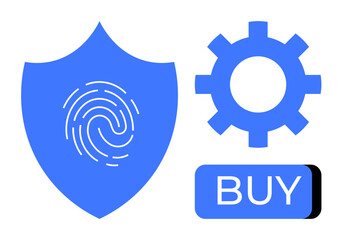 Digital security shield with fingerprint, gear icon, and buy button. Ideal for cybersecurity, technology, digital services, online transactions, e-commerce, IT solutions, user authentication. Line