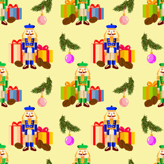 Vector - seamless pattern with Christmas motives, nutcracker, glass balls, fire and gift parcels.