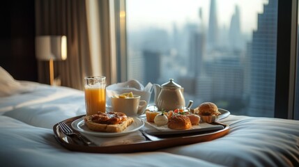 Luxurious hotel breakfast on a neatly made bed with a city view