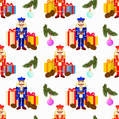 Vector - seamless pattern with Christmas motives, nutcracker, glass balls, fire and gift parcels.