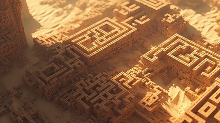 An intricate, sandstone labyrinthine cityscape with a weathered, desert-like aesthetic
