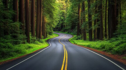 Fototapeta premium Majestic redwood trees frame a winding road in the Redwood National Forest, creating a tunnel of greenery for travelers to enjoy