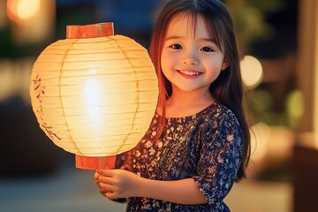 Naklejka premium Smiling girl holding illuminated lantern at dusk