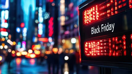 Obraz premium A vibrant city scene illuminated by neon lights, featuring a sign announcing 