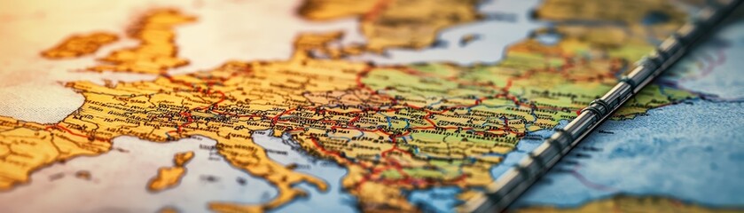 Fototapeta premium Close-up of a colorful vintage map highlighting European countries, offering a detailed view for travel enthusiasts and geography lovers.