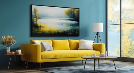 Modern living room interior design with walls, a yellow sofa and coffee table and an art frame hanging on the wall above it. Hang a beautiful piece of art in the room. creating a cozy relaxation time.