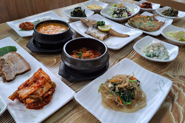 Korean Set Table,Normal Korean dining table with boiled rice and various side dishes, South Korea