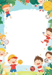 Cheerful children playing sports in vibrant frame design